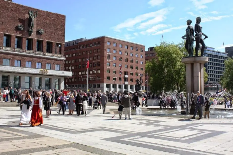 National costumes predominate on National Day at the Town Hall Square in Oslo