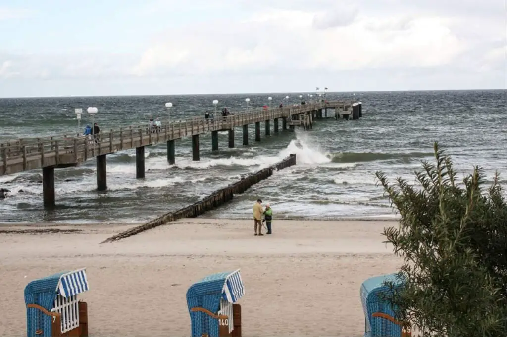 Waves break at the groynes