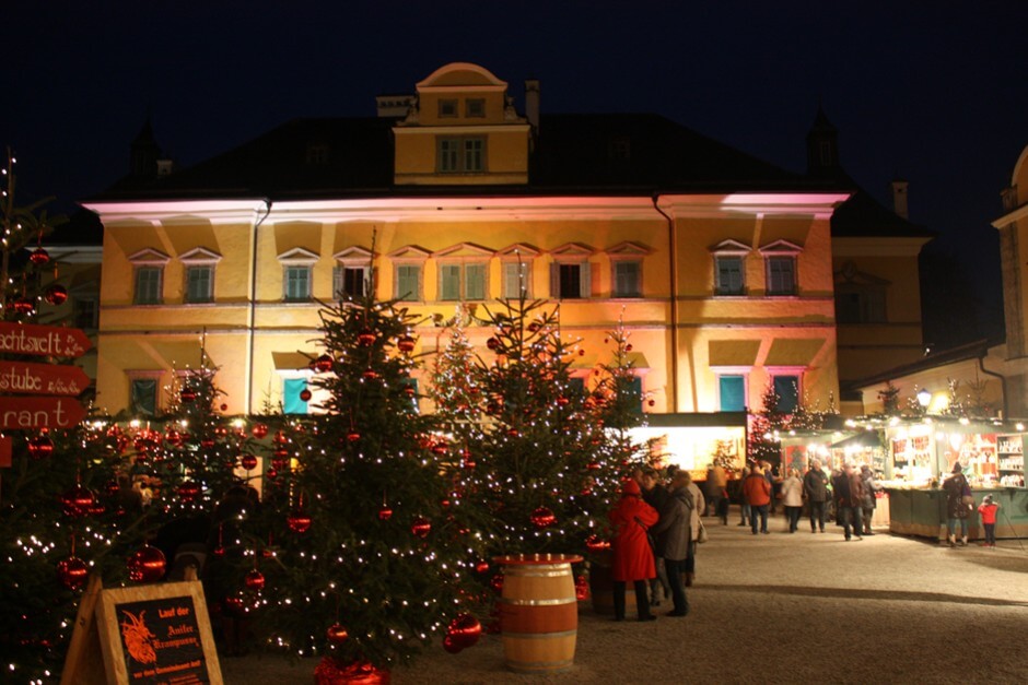 Christmas market in Hellbrunn Palace - fairytale forest in the castle courtyard of Hellbrunn Palace in Salzburg