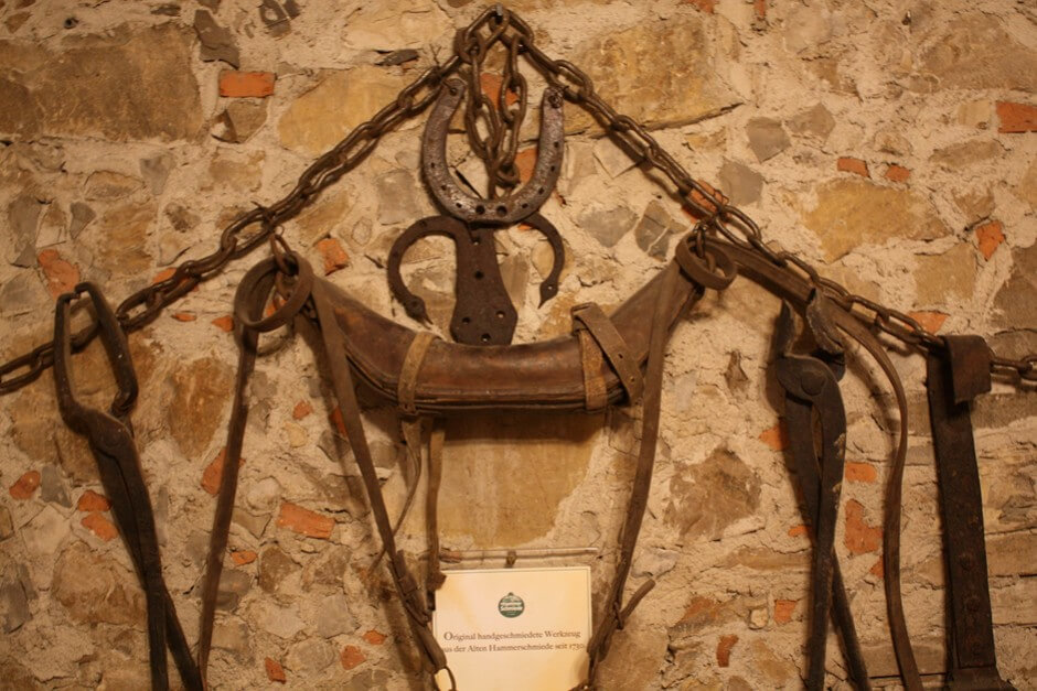 Blacksmithing tools decorate the Hotel Hammerschmiede Anthering
