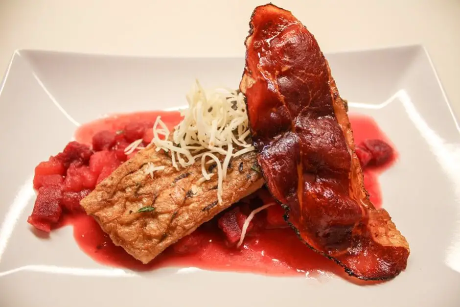 Waldviertel specialties - organic carp with smoked crust and bacon