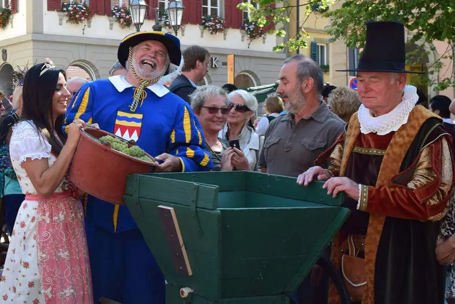 Weinprinzessin, Landsknecht und Ratsherr pressen die ersten Trauben 