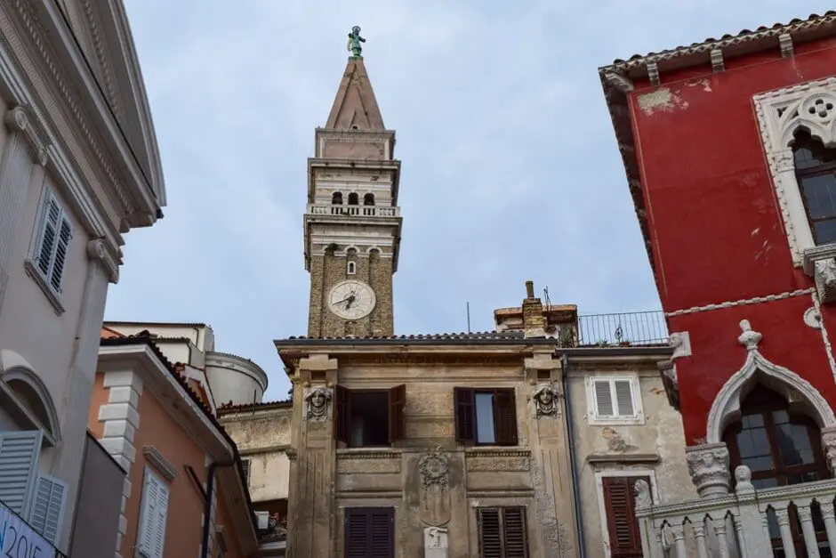 The Chiesa di San Giorgio towers over Piran, the fishing village on the Adriatic