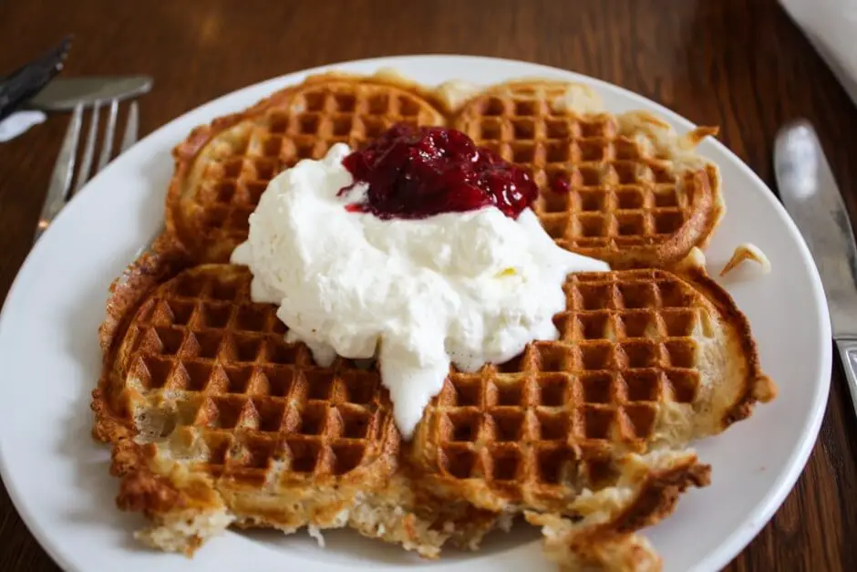 Waffle with cream and cherries