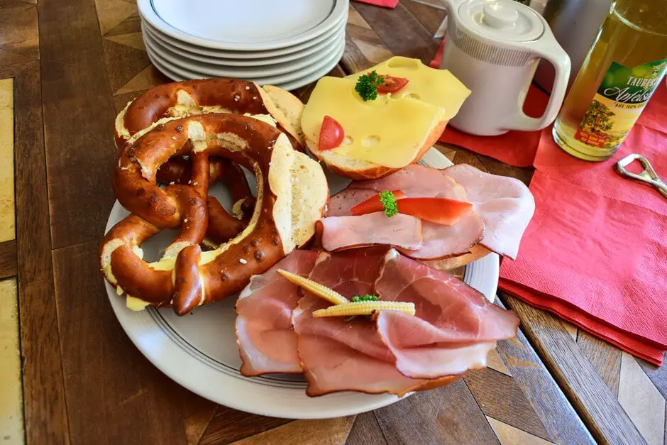 Pretzel and ham sandwiches in Bronnbach Abbey on the route of delights