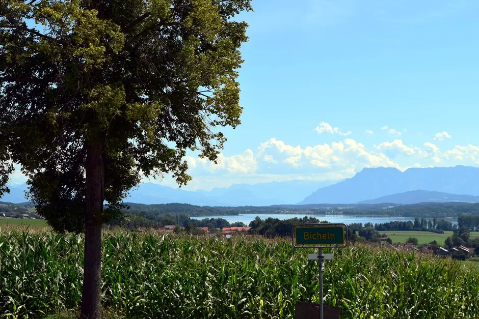 Blick von Bicheln auf den Waginger See und die Chiemgauer Alpen