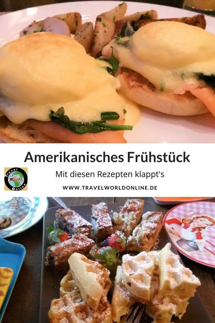 Amerikanisches Frühstück mit Eggs Benedict und Waffeln