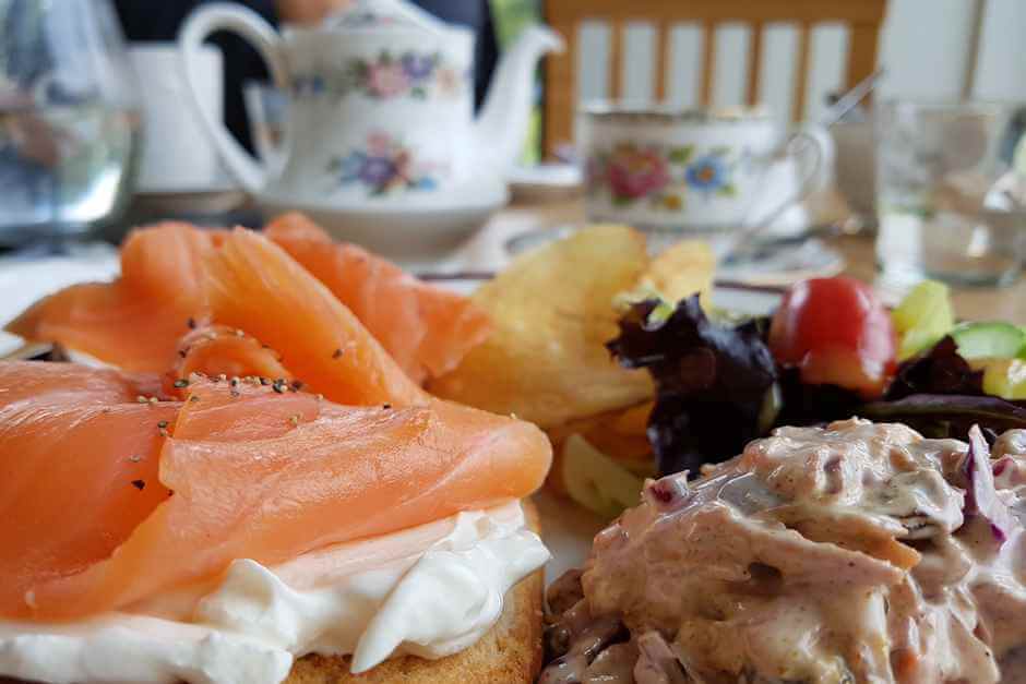 Typical Scottish food and drink - salmon rolls with tea