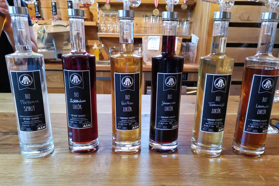 Liqueurs distilled in the Thauerböck organic farm - in their farm shop near Kaltenberg