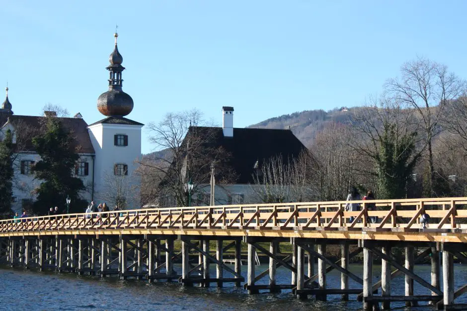 The Seeschloss Ort in Gmunden with a view of another castle on the lakeshore