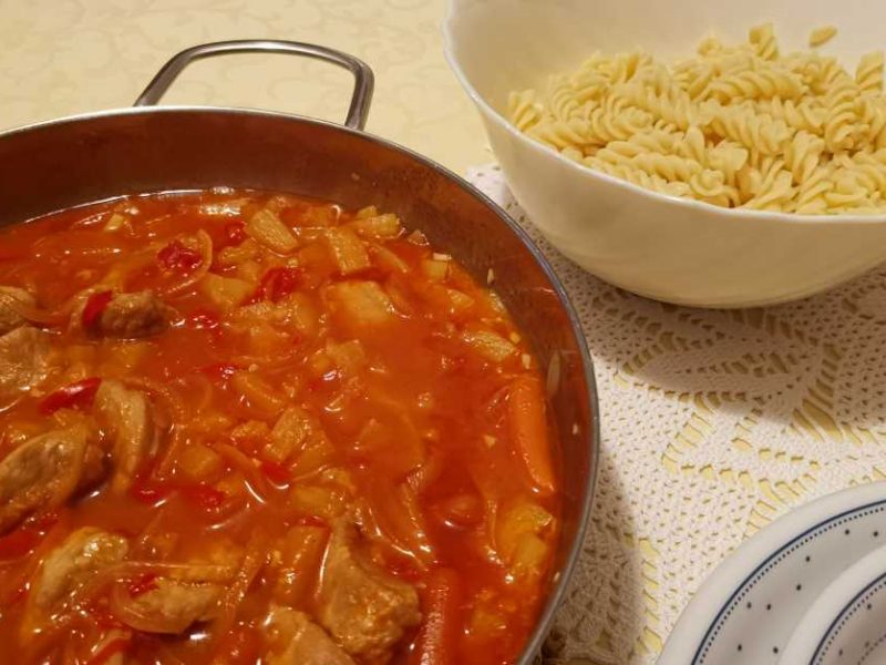 Sweet and sour pork with spiral noodles