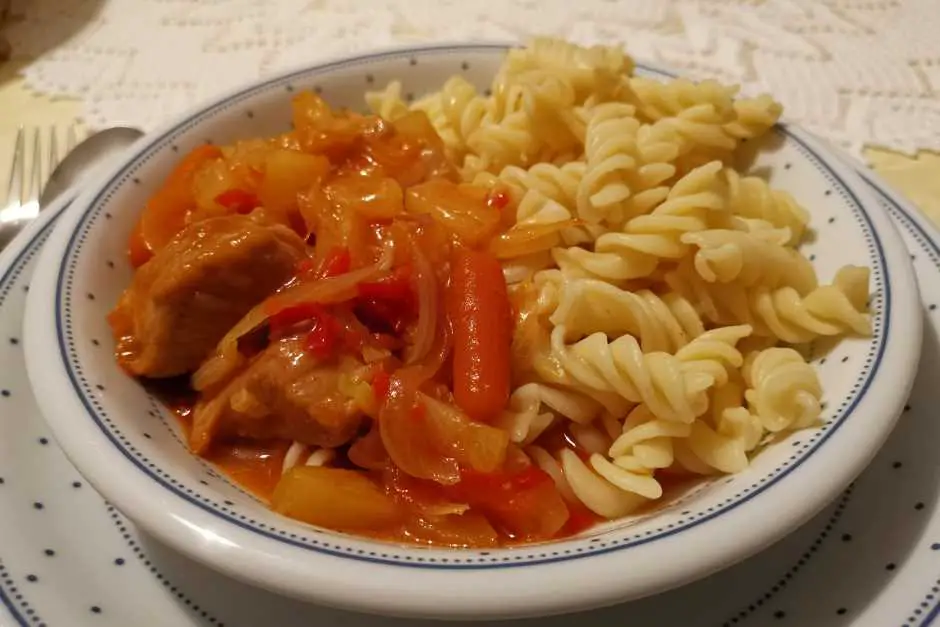 Sweet and sour pork with noodles