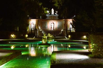 Trick fountains in Hellbrunn Palace Salzburg at night