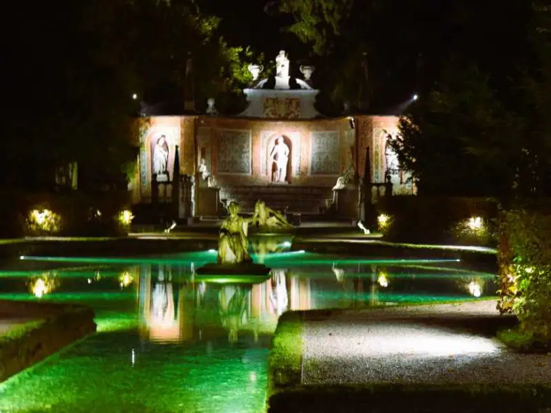 Trick fountains in Hellbrunn Palace Salzburg at night