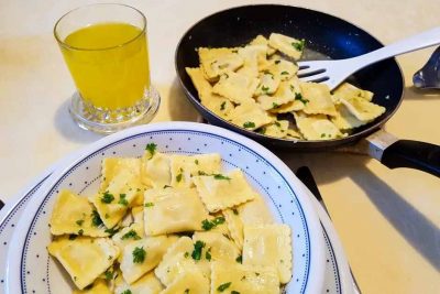 Porcini mushroom ravioli in garlic butter sauce