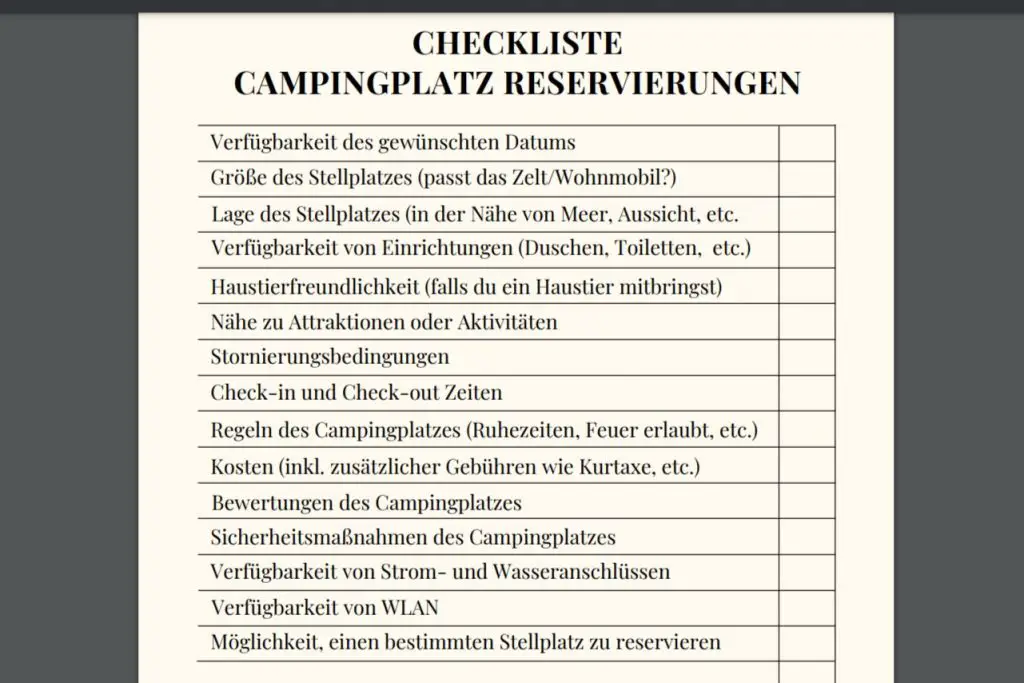 Checkliste Campingplatz Reservierungen