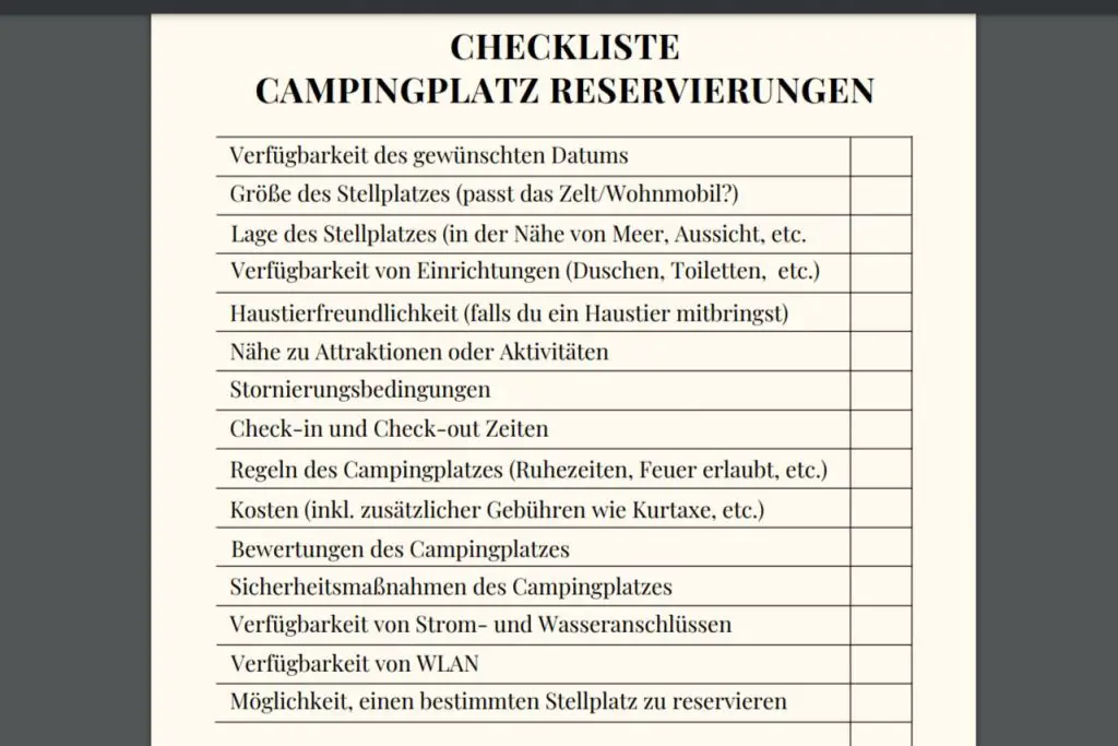 Checklist campsite reservations