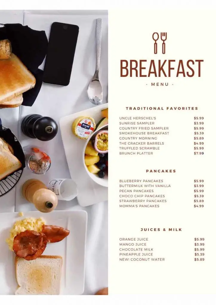 Breakfast Menu for a typical American breakfast