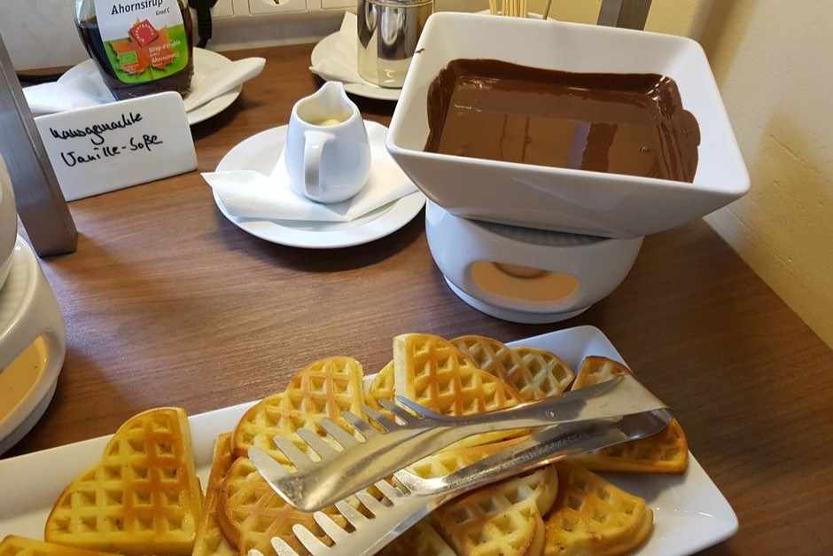 Waffles with chocolate are American breakfast