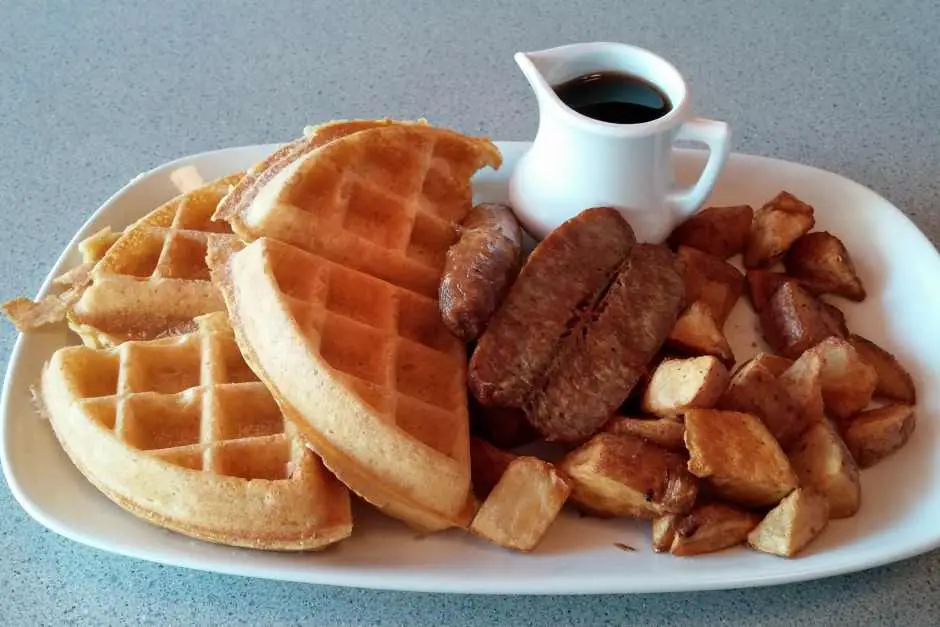 Waffles and sausages - typical American breakfast