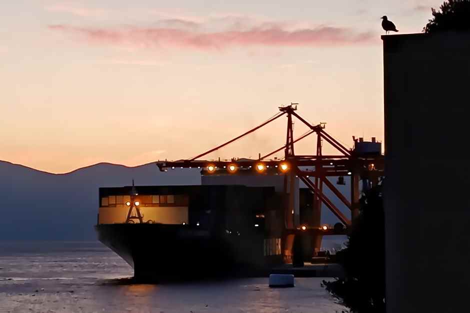 Blick auf einen Ozeanriesen im Container Terminal von Rijeka