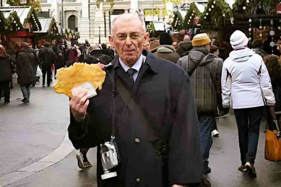 Petar probiert Langos auf dem Christkindlmarkt in Wien
